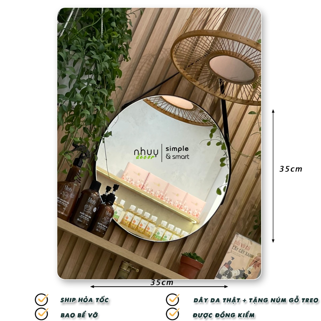 Gương treo tường gương trang điểm tròn viền da gương dây da decor tặng kèm full phụ kiện dây da - Nhu Y Decor