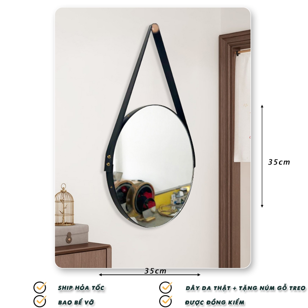 Gương treo tường gương trang điểm tròn viền da gương dây da decor tặng kèm full phụ kiện dây da - Nhu Y Decor