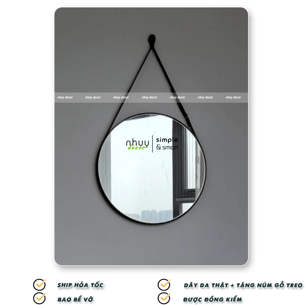 Gương treo tường gương trang điểm tròn viền da gương dây da decor tặng kèm full phụ kiện dây da - Nhu Y Decor