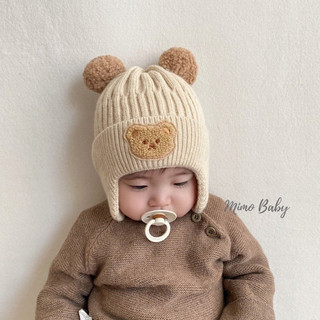 Mũ nón len bịt tai, Nón dệt kim mùa đông cho bé đính hình gấu tai bông 🌸free ship🌸