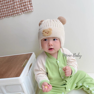 Mũ nón len bịt tai, Nón dệt kim mùa đông cho bé đính hình gấu tai bông 🌸free ship🌸