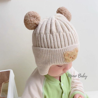 Mũ nón len bịt tai, Nón dệt kim mùa đông cho bé đính hình gấu tai bông 🌸free ship🌸