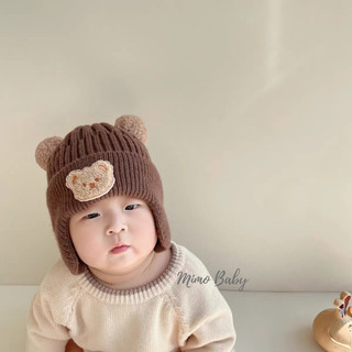 Mũ nón len bịt tai, Nón dệt kim mùa đông cho bé đính hình gấu tai bông 🌸free ship🌸