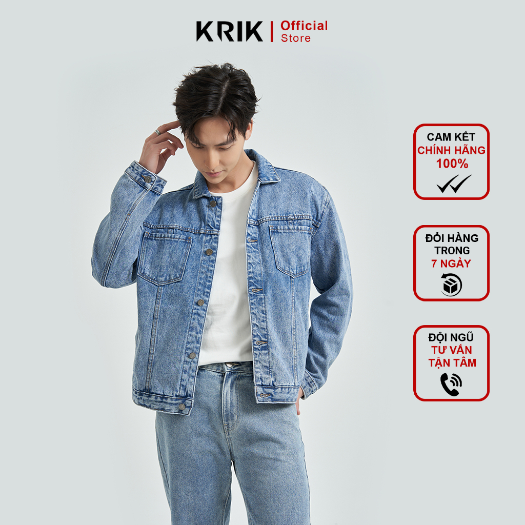 Áo Khoác Jeans Nam KRIK Phong Cách Hàn Quốc Màu Xanh Sáng Trẻ Trung Form Classic AK5024