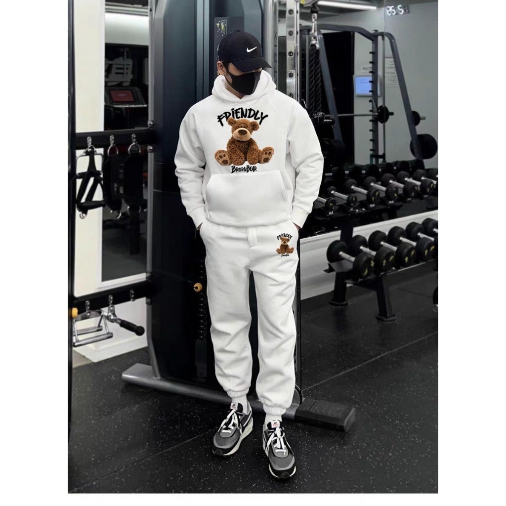 Bộ Nỉ Thể Thao Hoodie Phối Hoạ Tiết Gấu FRIENDLY Sành Điệu, Chất Liệu Nỉ Ngoại Mềm Mịn Thấm Hút Mồ Hôi Cực Tốt