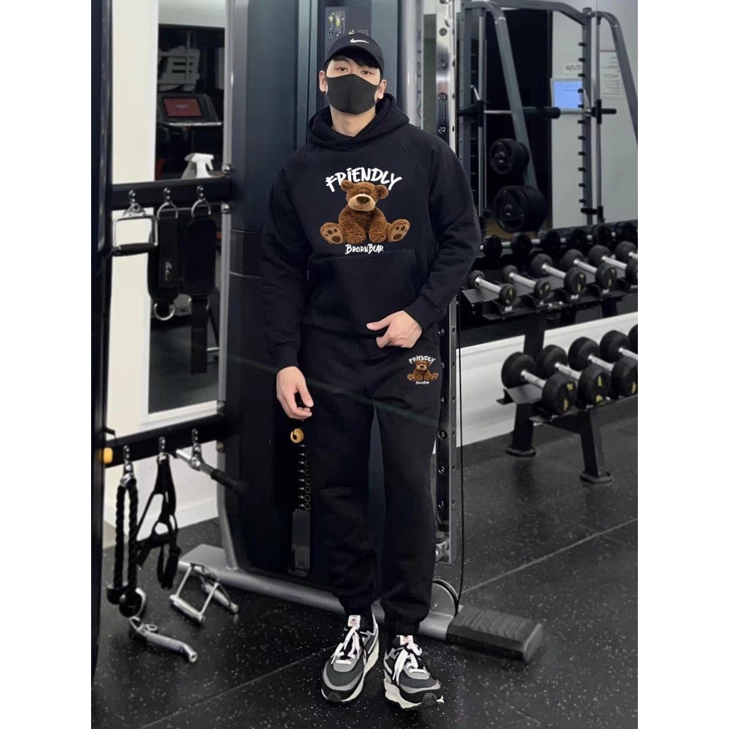 Bộ Nỉ Thể Thao Hoodie Phối Hoạ Tiết Gấu FRIENDLY Sành Điệu, Chất Liệu Nỉ Ngoại Mềm Mịn Thấm Hút Mồ Hôi Cực Tốt