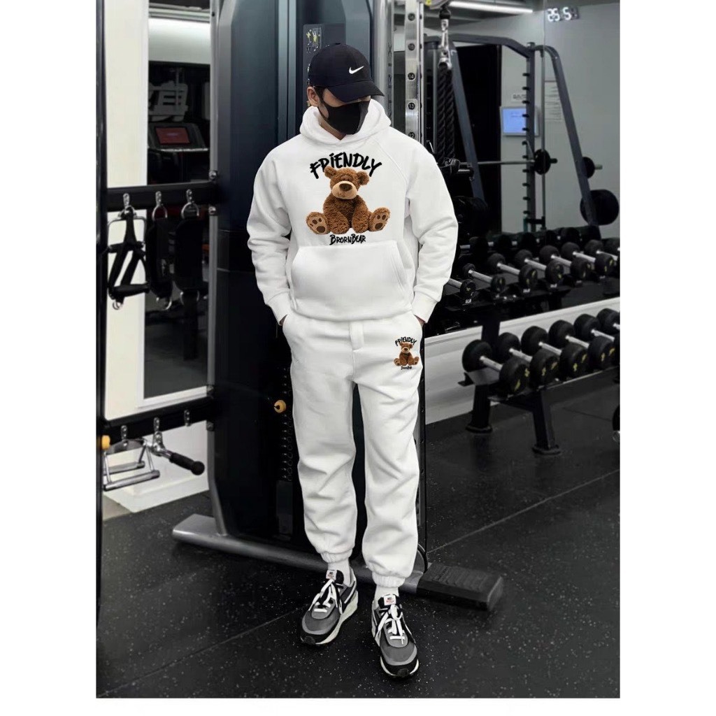Bộ Nỉ Thể Thao Hoodie Phối Hoạ Tiết Gấu FRIENDLY Sành Điệu, Chất Liệu Nỉ Ngoại Mềm Mịn Thấm Hút Mồ Hôi Cực Tốt