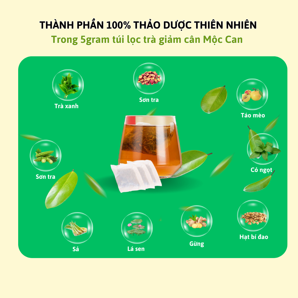 Trà giảm cân cấp tốc Mộc Can, tiêu mỡ giảm mỡ bụng sau sinh hộp 25 túi lọc