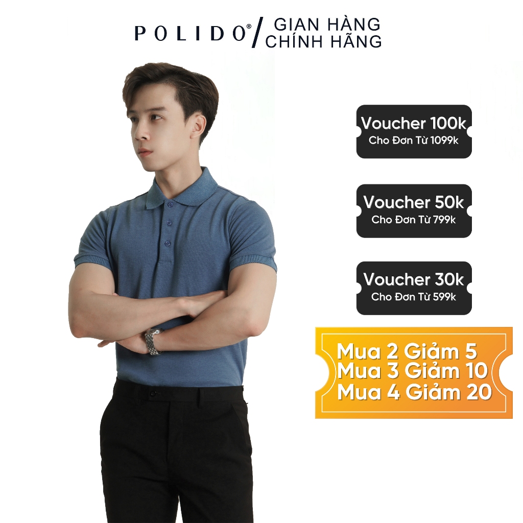 Áo Polo Nam,Áo Polo Cộc Tay Polido Màu Xanh Dương Chất Cotton Thoáng Mát Mềm Mịn Thấm Hút Mồ Hôi Tốt Thời Trang Nam