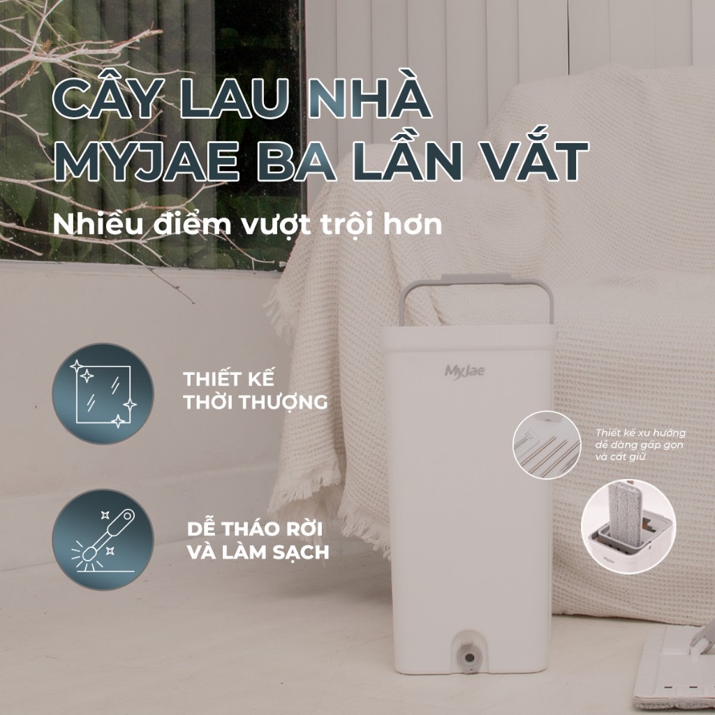 Combo 3 bông lau + 1 cây lau nhà tự vắt kèm thùng 2 ngăn xoay 360 độ thông minh lau sạch nhanh khô MyJae Đài Loan