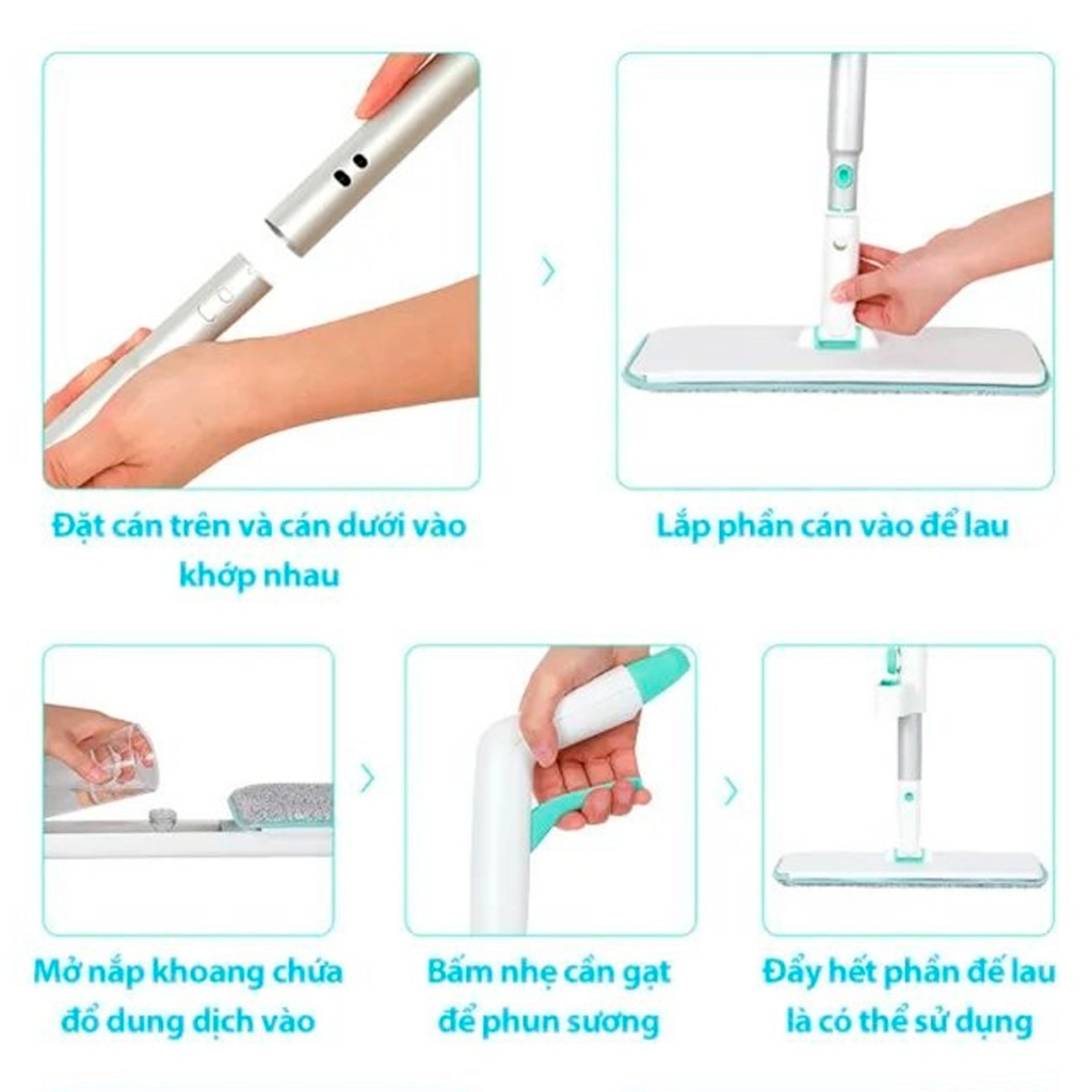 Combo 3 Bông Lau + 1 Cây Lau Nhà MyJae Sợi Microfiber Tự Vắt Phun Sương Xoay 360 Độ Thông Minh 138c