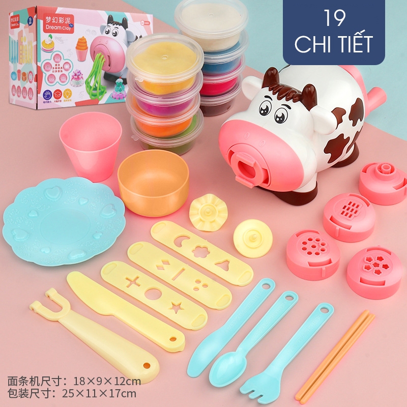 Đất nặn an toàn cho bé, bộ đất nặn bò sữa với 8 hộp màu và nhiều khuôn nặn đa dạng làm mỳ làm kem vô cùng thích thú