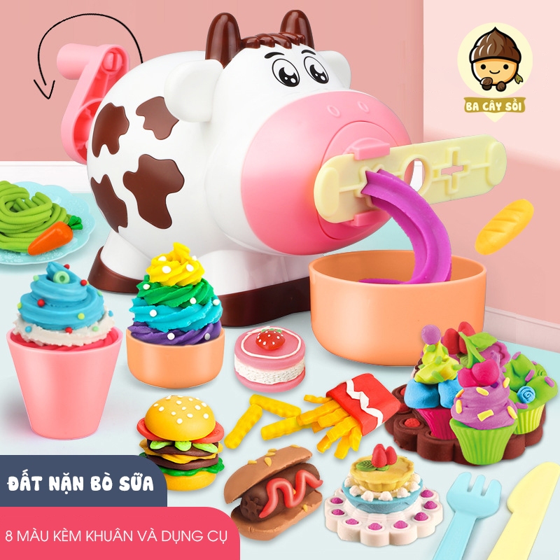 Đất nặn an toàn cho bé, bộ đất nặn bò sữa với 8 hộp màu và nhiều khuôn nặn đa dạng làm mỳ làm kem vô cùng thích thú