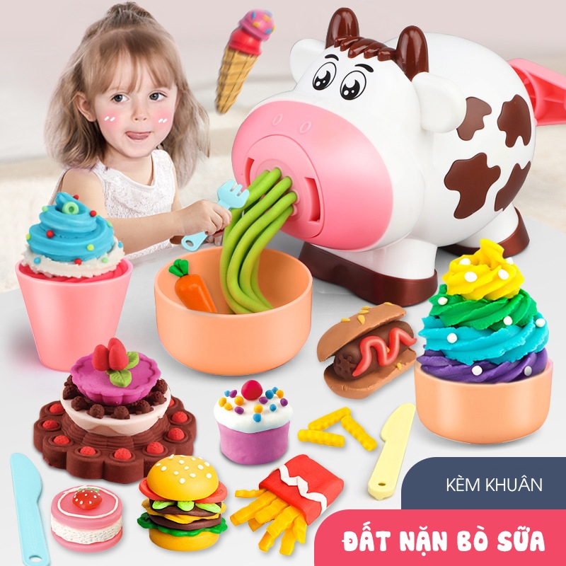 Đất nặn an toàn cho bé, bộ đất nặn bò sữa với 8 hộp màu và nhiều khuôn nặn đa dạng làm mỳ làm kem vô cùng thích thú