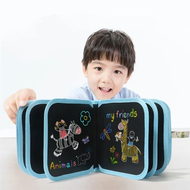 Đồ chơi sách vẽ tự xóa Graffiti phát sáng nhiều bút màu sắc chất liệu PP bọc vải có sẵn bút và giấy lau