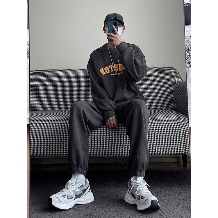Bộ Nỉ Thể Thao Hoodie Phối Chữ HOUSSTON Sành Điệu, Chất Liệu Nỉ Ngoại Mềm Mịn Thấm Hút Mồ Hôi Cực Tốt
