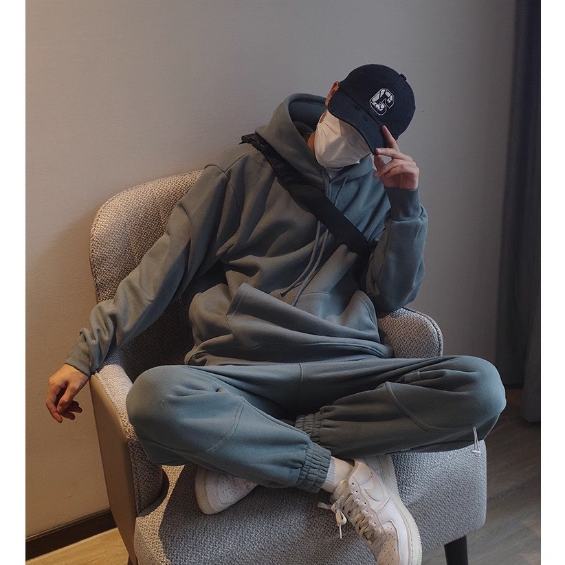 Bộ Nỉ Thể Thao Hoodie Ghi Chì Phối Mũ Trùm Đầu Sành Điệu, Chất Liệu Nỉ Ngoại Mềm Mịn Thấm Hút Mồ Hôi Cực Tốt