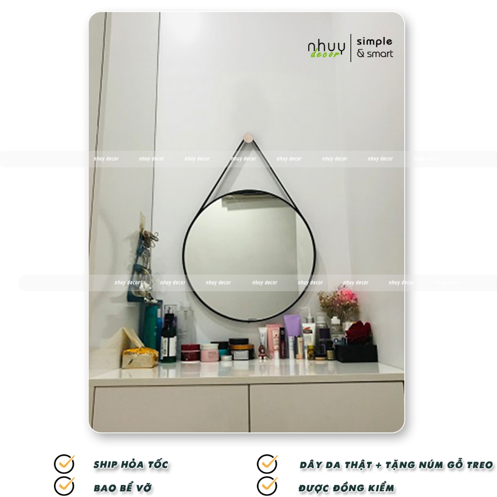 Gương treo tường gương trang điểm tròn viền da gương dây da decor tặng kèm full phụ kiện dây da - Nhu Y Decor