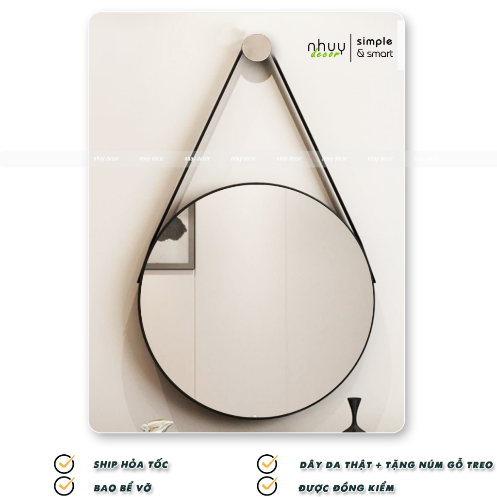 Gương treo tường gương trang điểm tròn viền da gương dây da decor tặng kèm full phụ kiện dây da - Nhu Y Decor