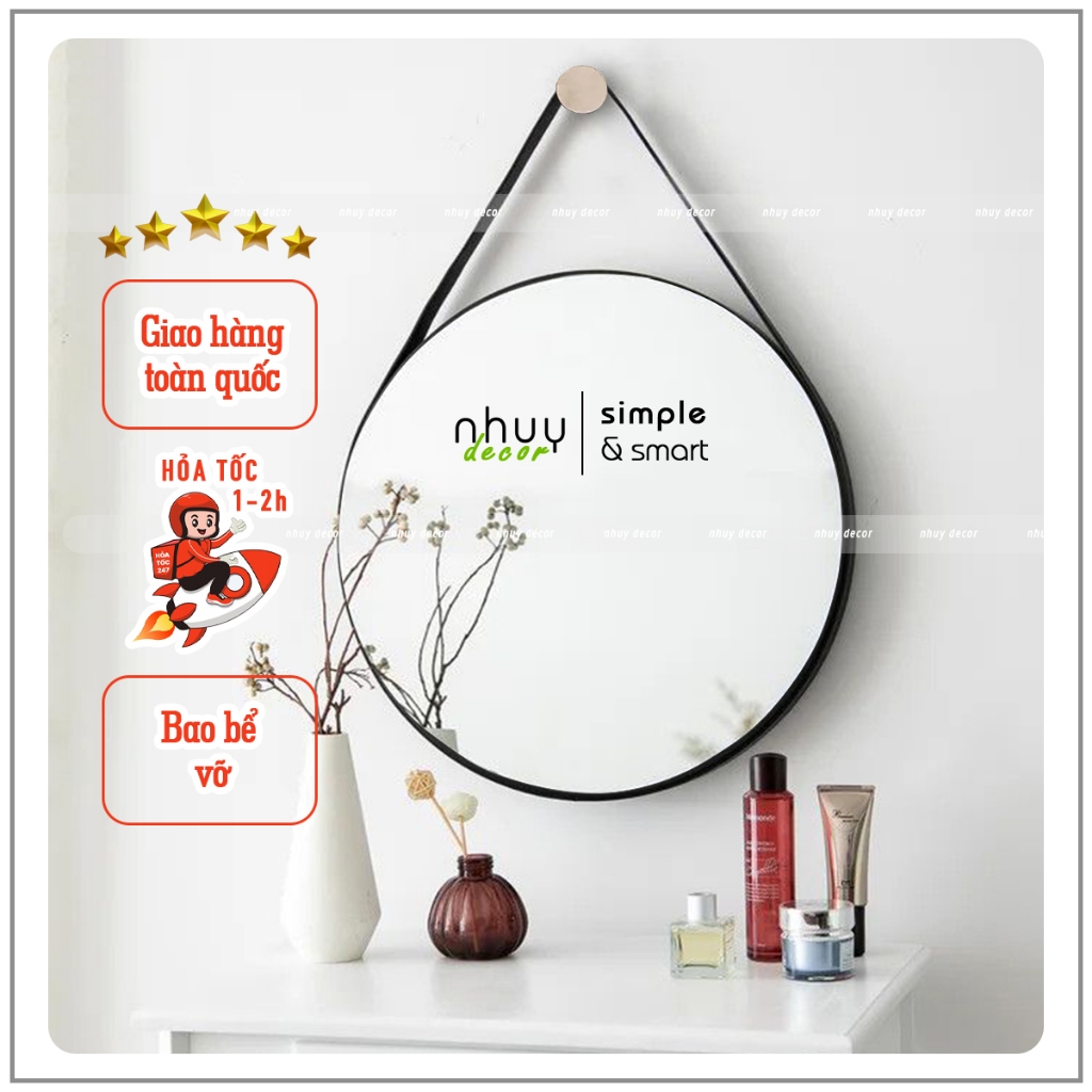 Gương treo tường gương trang điểm tròn viền da gương dây da decor tặng kèm full phụ kiện dây da - Nhu Y Decor