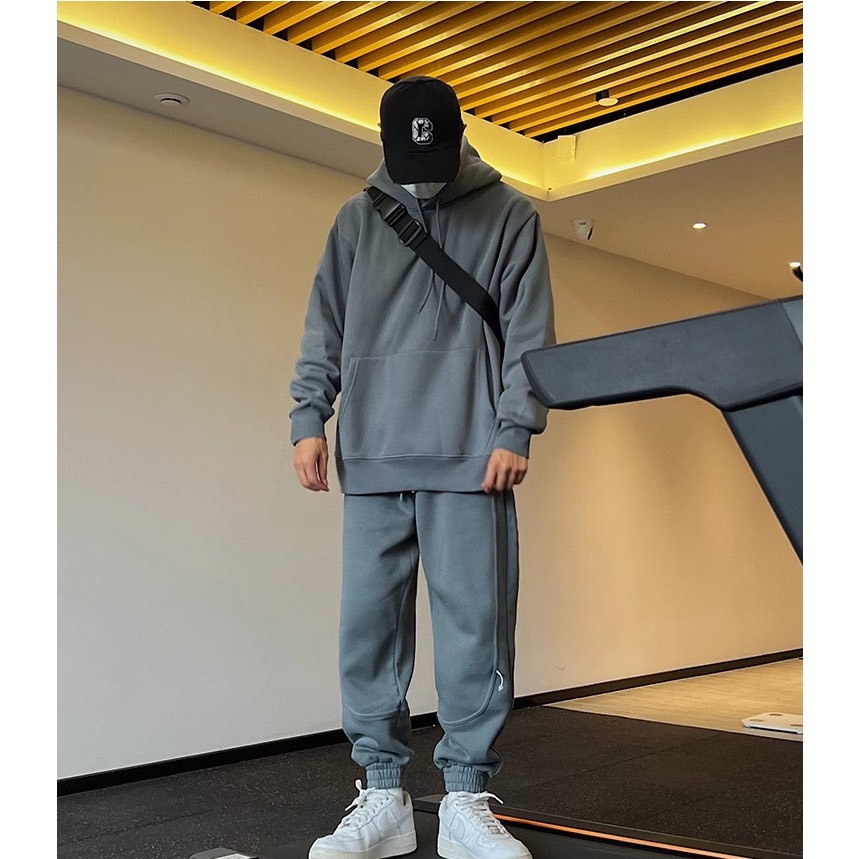 Bộ Nỉ Thể Thao Hoodie Ghi Chì Phối Mũ Trùm Đầu Sành Điệu, Chất Liệu Nỉ Ngoại Mềm Mịn Thấm Hút Mồ Hôi Cực Tốt