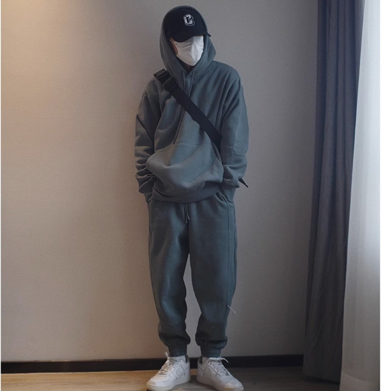 Bộ Nỉ Thể Thao Hoodie Ghi Chì Phối Mũ Trùm Đầu Sành Điệu, Chất Liệu Nỉ Ngoại Mềm Mịn Thấm Hút Mồ Hôi Cực Tốt