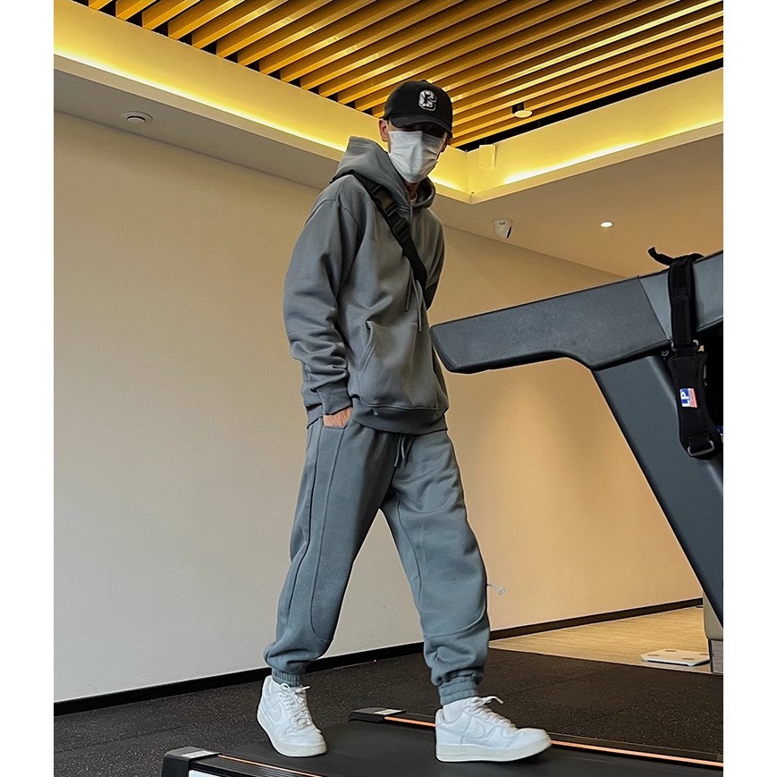 Bộ Nỉ Thể Thao Hoodie Ghi Chì Phối Mũ Trùm Đầu Sành Điệu, Chất Liệu Nỉ Ngoại Mềm Mịn Thấm Hút Mồ Hôi Cực Tốt