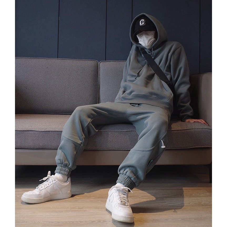 Bộ Nỉ Thể Thao Hoodie Ghi Chì Phối Mũ Trùm Đầu Sành Điệu, Chất Liệu Nỉ Ngoại Mềm Mịn Thấm Hút Mồ Hôi Cực Tốt
