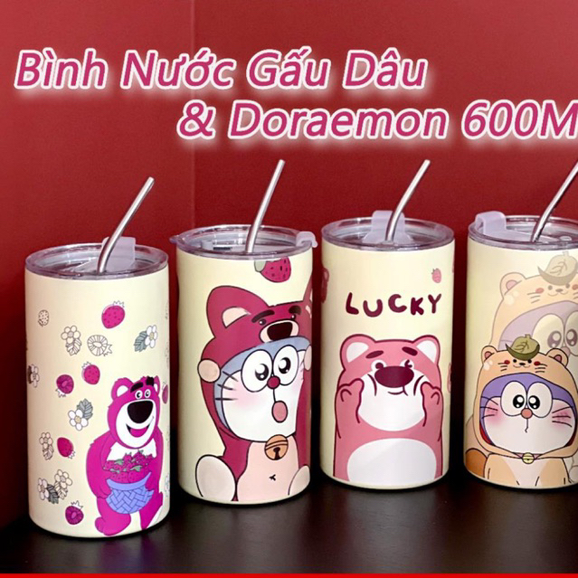 Bình nước gấu dâu 600ml Bình giữ nhiệt doraemon inox 304 cốc gấu dâu dễ ...