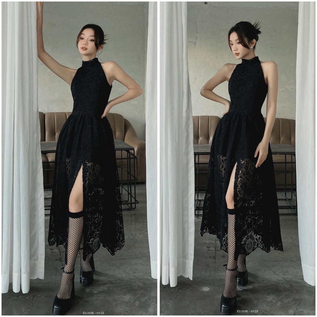 Đầm Ren Midi Dáng Dài Cổ Yếm Xẻ Đùi Suông Trơn 2 Lớp Tone Màu Nhẹ Nhàng ...