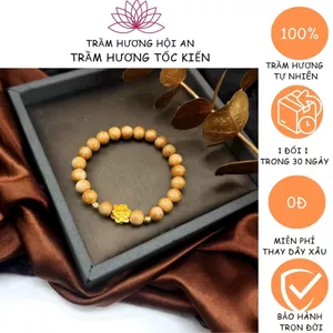 Vòng tay Trầm Lào 8 ly mix charm sen vàng 4 con 9 + bi 18K-Trầm Hương Hội An.