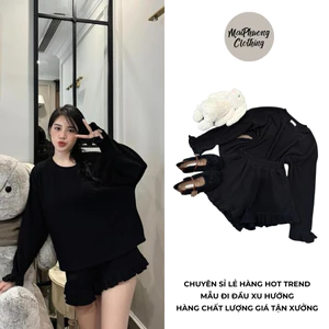Set nữ 💥 HÀNG LOẠI 1 💥 Bộ nữ basic bèo gấu màu đen chất tăm rib, freesize MẪU SETBEOGAUDENKAB. P360