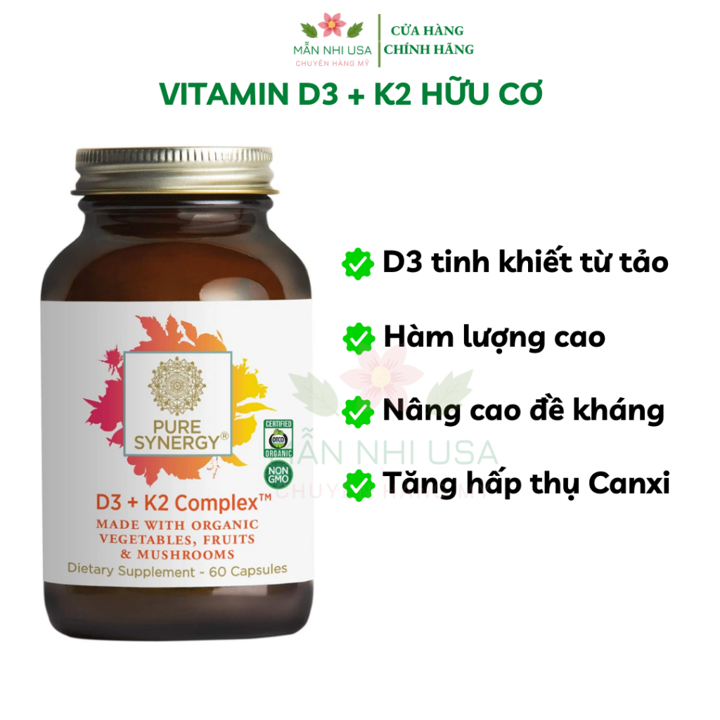 Vitamin D3 K2 từ thực vật hữu cơ Pure Synergy D3K2 complex 60 viên