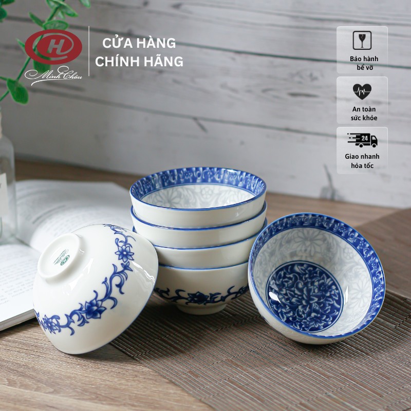 Bộ 6 và 10 bát cơm sứ cao cấp vẽ hoa xanh lam - Sứ Minh Châu