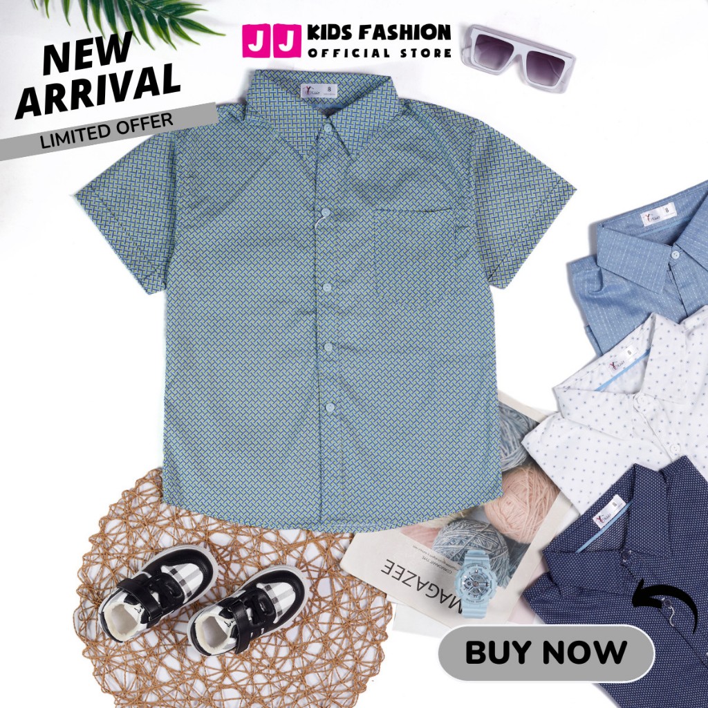 Áo sơ mi cho bé trai, áo sơ mi bé trai ngắn tay cổ trụ họa tiết phong cách Hàn Quốc - JJ Kids