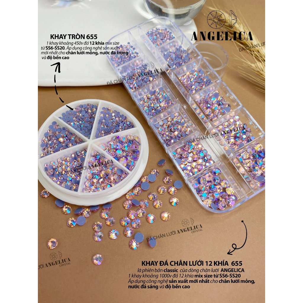 Khay Tròn 450 Viên Đá Chân Lưới Nail 12 Khía Đủ Màu Trang Trí Móng ANGELICA KT