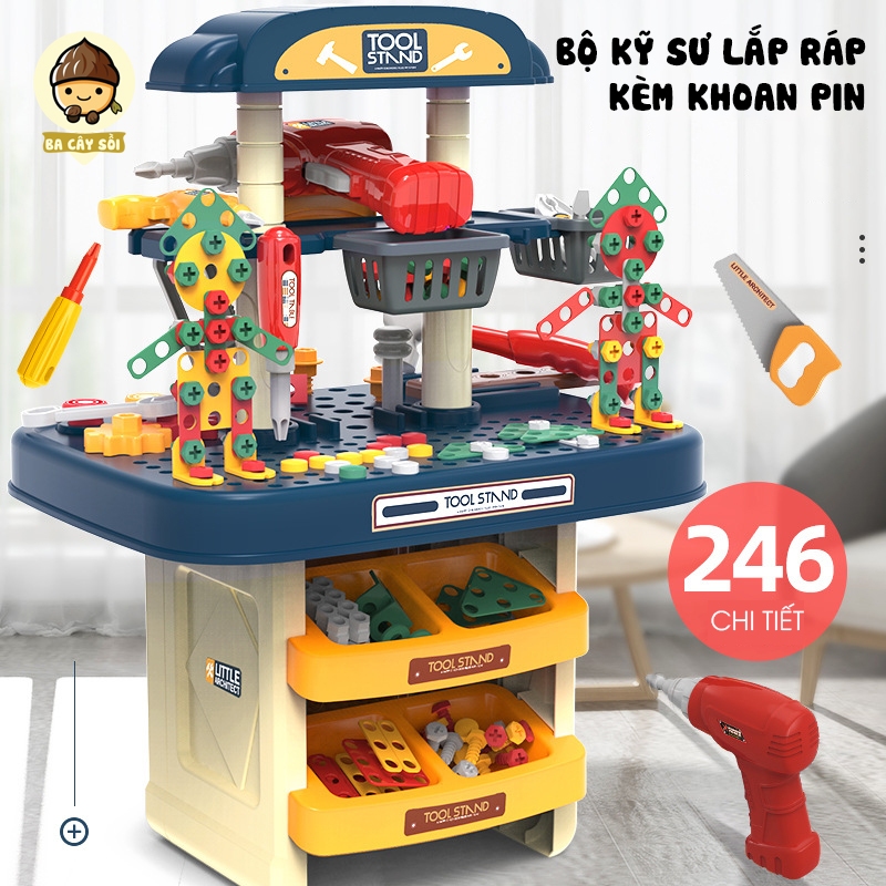 Bộ kĩ sư lắp ráp cỡ lớn 246 chi tiết, Bộ lắp ghép kỹ sư cho bé kèm khoan pin và hướng dẫn