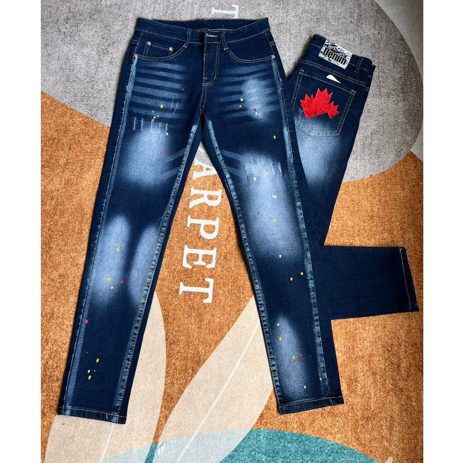 quần bò jean nam dài dsquared2 xanh rách vẩy sơn thêu đẹp mẫu mới 