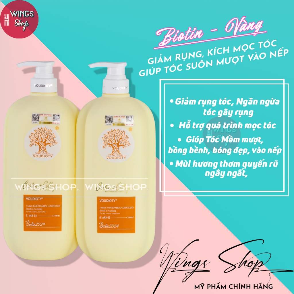 Dầu Gội, Xả Biotin Voudioty Vàng Giúp phục hồi hư tổn, tái tạo nang tóc 500ml-1000ml, (Mẫu Mới)