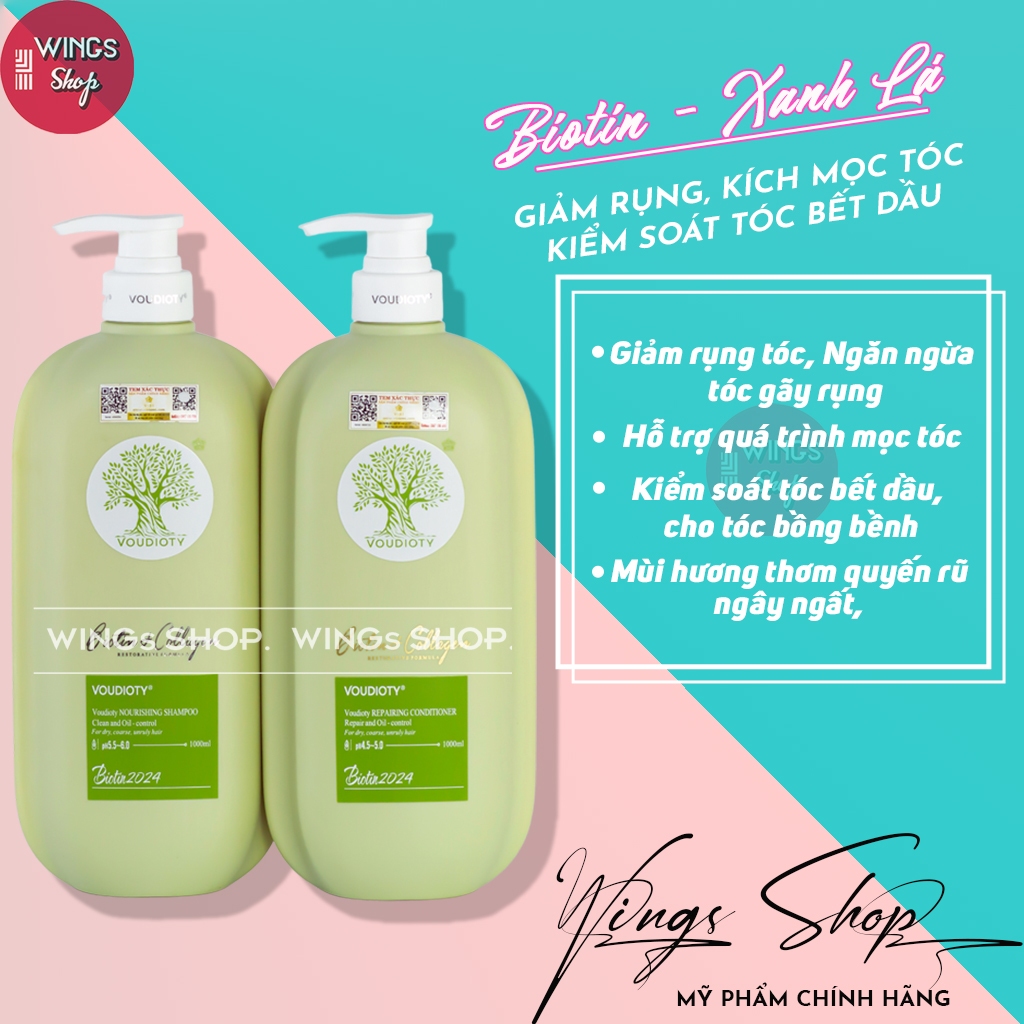Dầu Gội, Xả Biotin Collagen Voudioty Xanh Lá Giảm Rụng Tóc, Kích Mọc Tóc, Kiểm Soát Tóc Bết Dầu 500ml-1000ml Mẫu Mới