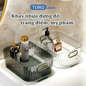 Khay nhựa trong suốt đựng mỹ phẩm TORO có tay cầm đựng đồ để bàn, dụng cụ trang điểm đa năng gọn gàng