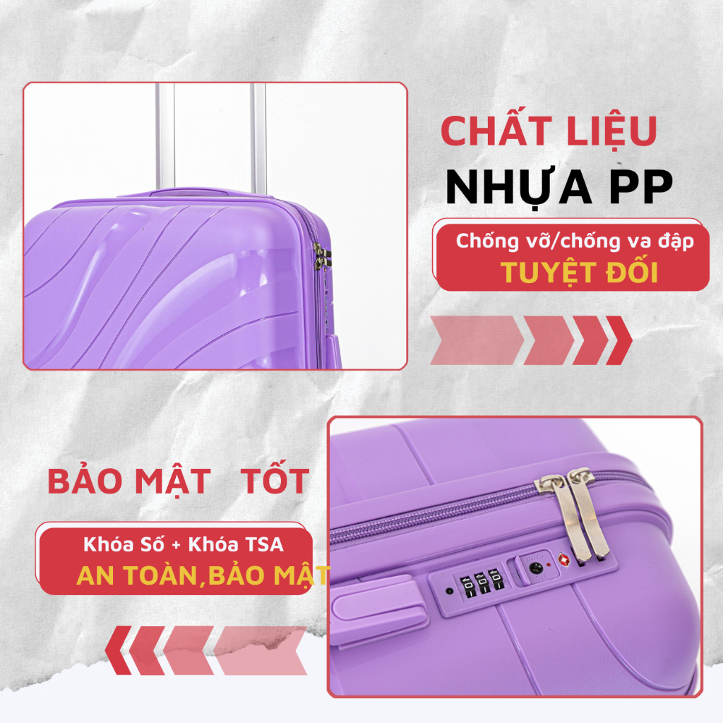 Ảnh Vali Du Lịch Nhựa PP02 Cao Cấp, Vali Kéo Chống Va Đập Size 28, Bảo Hành 5 Năm 2