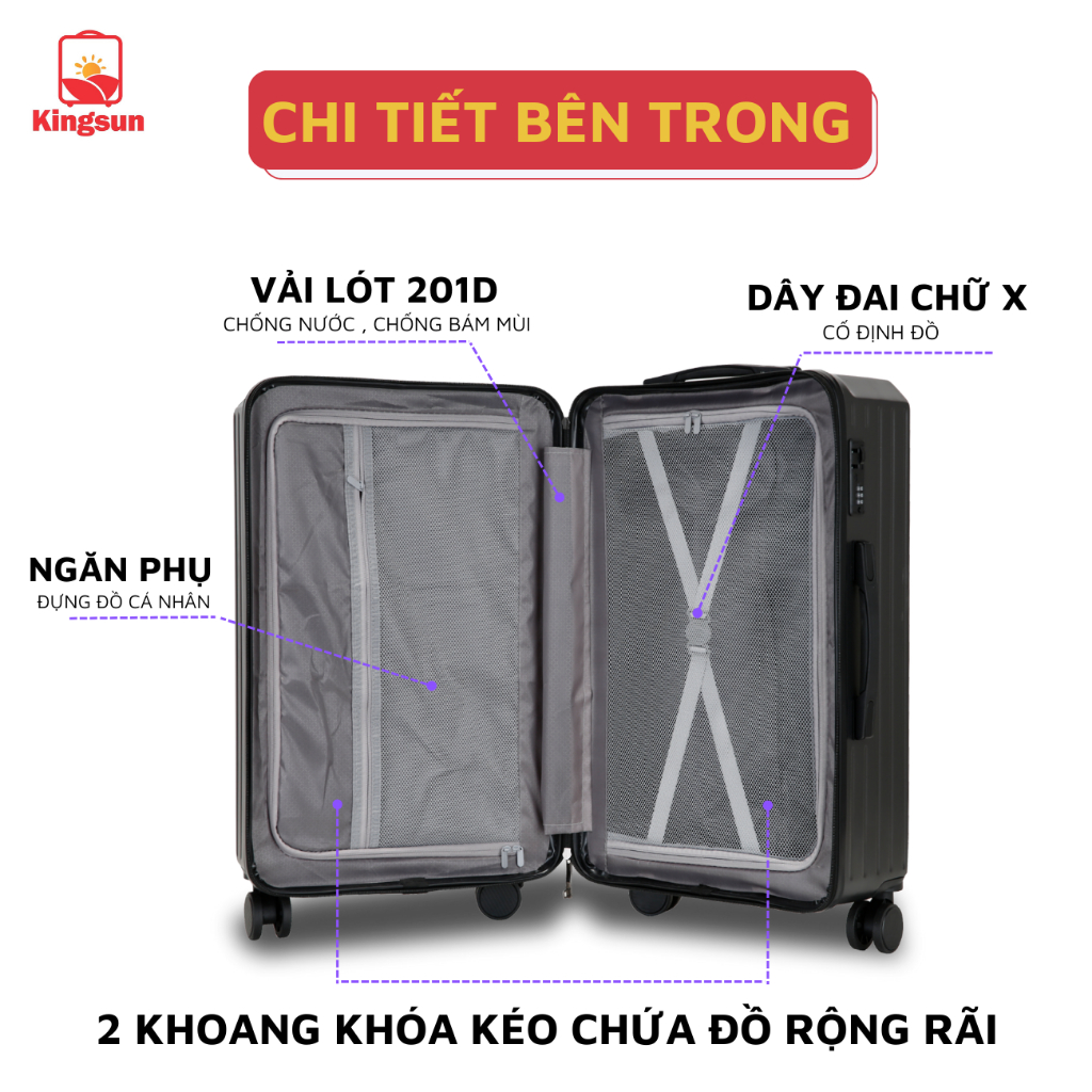Ảnh Vali kéo du lịch Kingsun vali size20/24dáng hộp Khoá Kéo KS-P37 nhựa PC +ABS cao cấp chống va đập 4