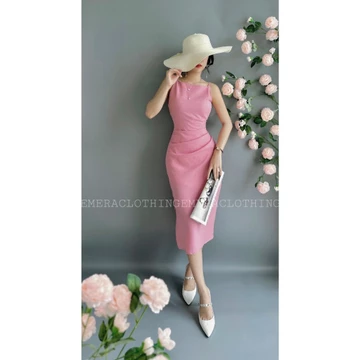 Váy EmeDress hồng- váy thiết kế xếp ly eo che bụng tôn dáng Emera