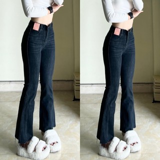 Quần jeans ống loe màu xanh chàm đậm tôn da gấu thiết kế viền lệch cá tính #10042