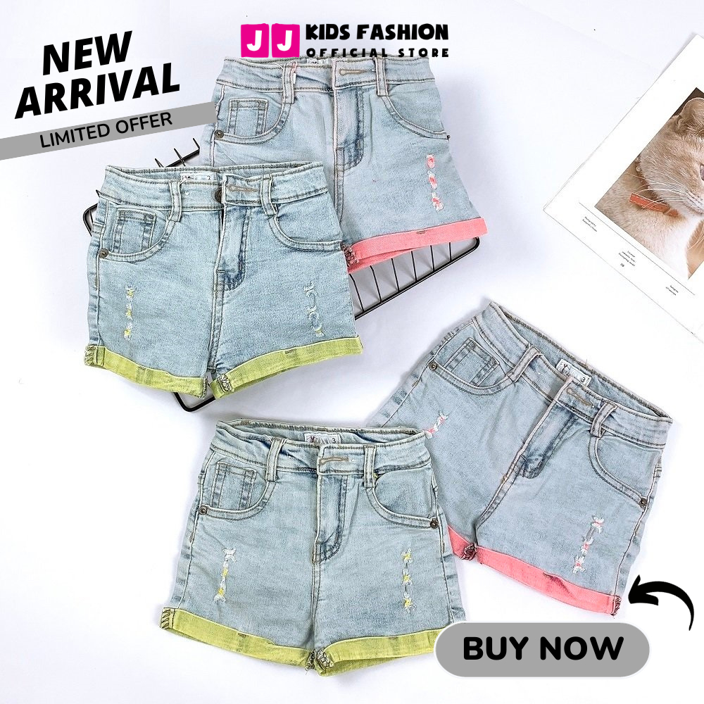 Quần jean short bé gái co giản, chỉ màu, wash rách năng động, thời trang - BST Xuân 2024  | JJ Kids
