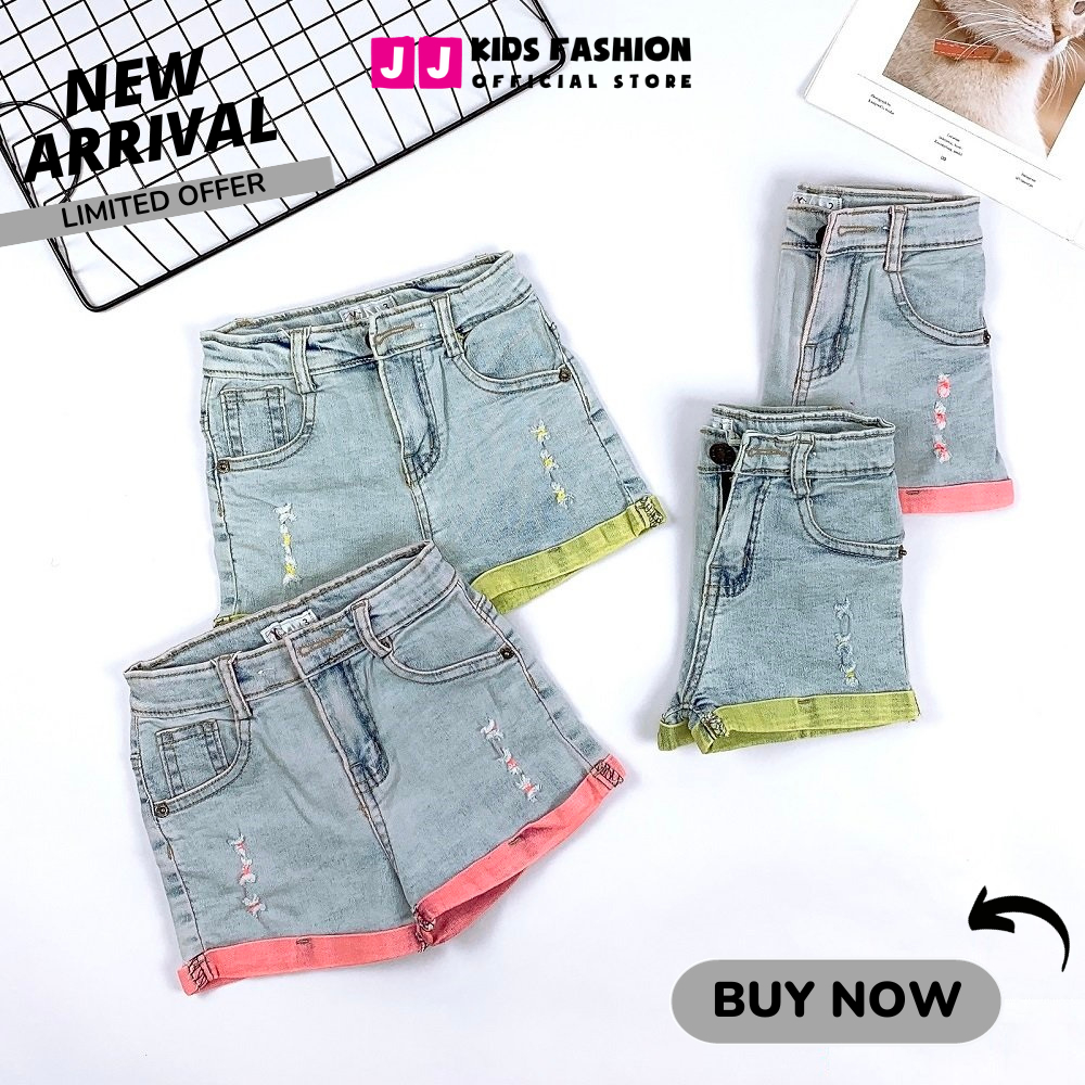Quần jean short bé gái co giản, chỉ màu, wash rách năng động, thời trang - BST Xuân 2024  | JJ Kids