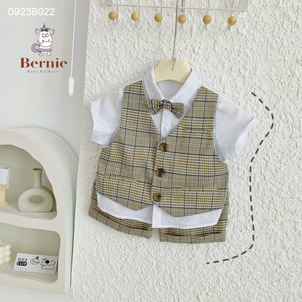 Set sơ mi phối gile kẻ kèm nơ cho bé trai, bộ sơ mi cộc tay công tử cho bé Bernie