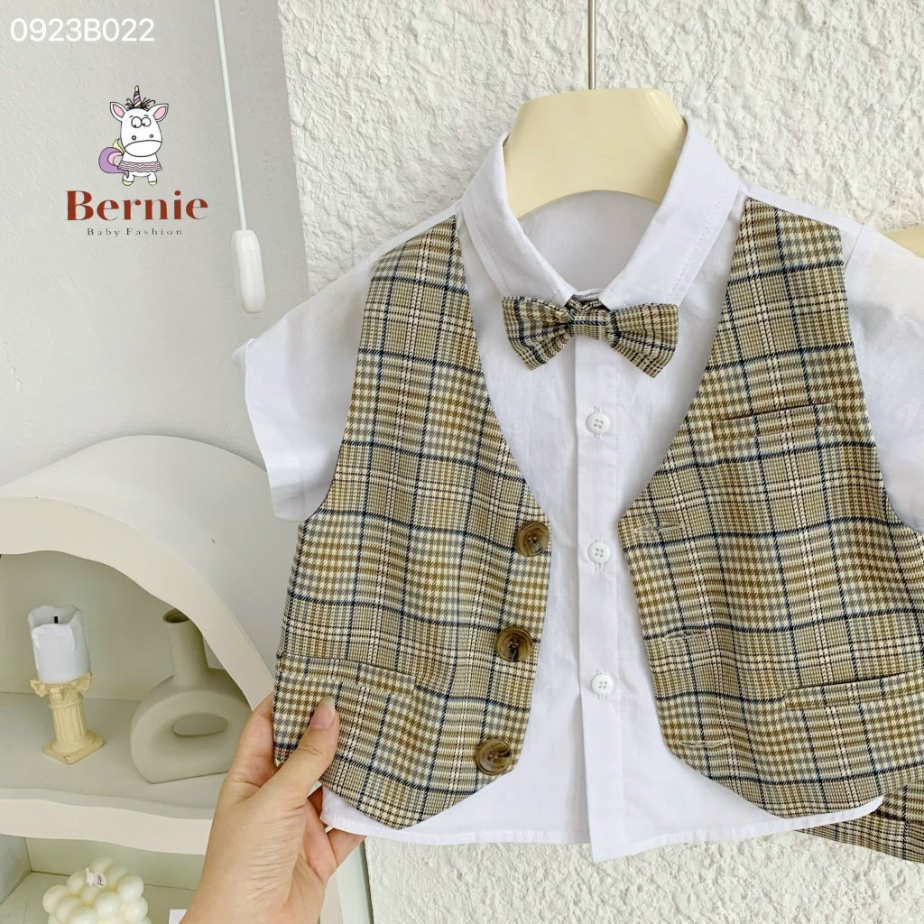 Set sơ mi phối gile kẻ kèm nơ cho bé trai, bộ sơ mi cộc tay công tử cho bé Bernie