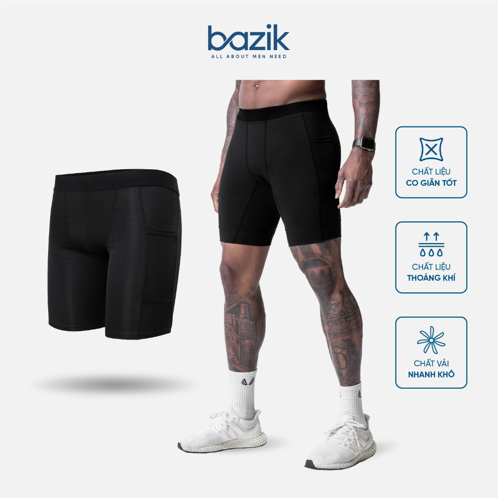 Quần Short Legging ComBat Nam chạy bộ ôm bó cơ Bazik thoáng khí, thấm